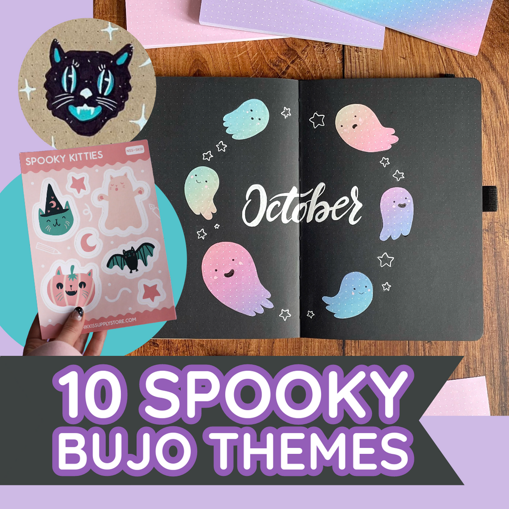 an October bullet journal spread with ombre pastel ghosts, a spooky kitties sticker sheet and a retro halloween cat. The title reads 10 spooky bujo themes