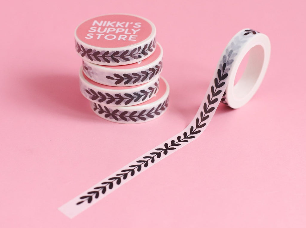 Doodled Branches Slim Washi Tape- Black and White