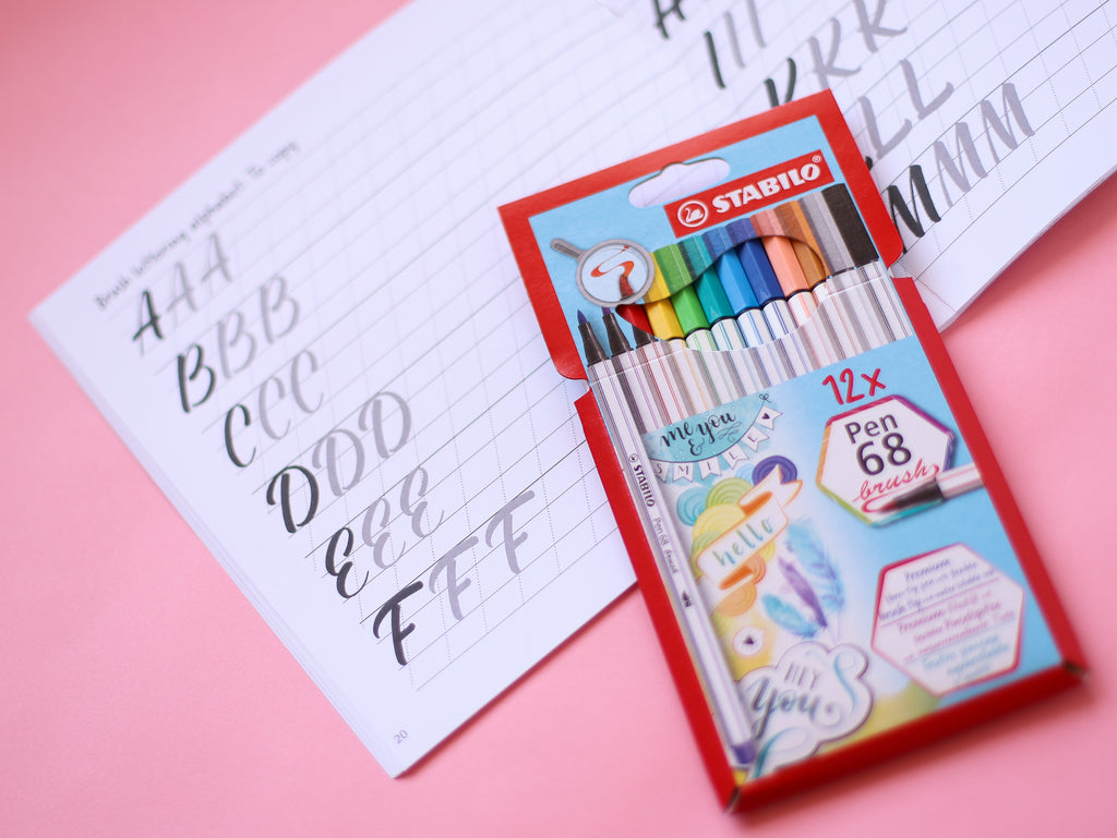 Stabilo Pen 68 Brush Marker 12 pack & Brush Lettering Book Set